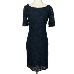 Barneys New York Black Sheath Dress sz XS Lace Boat Neck Short Sleeve Mini LBD